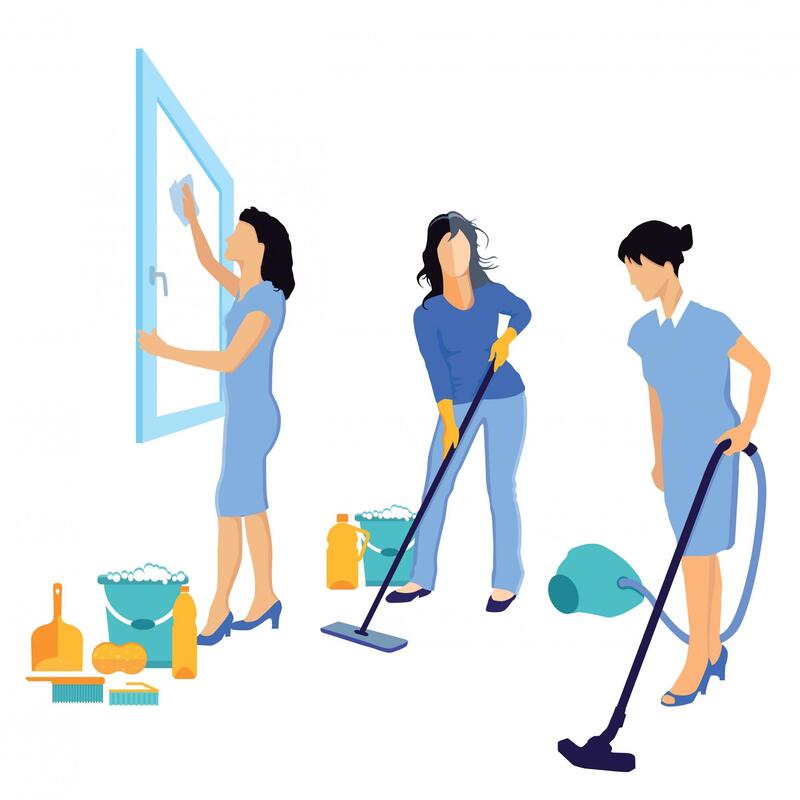 three woman cleaning the house